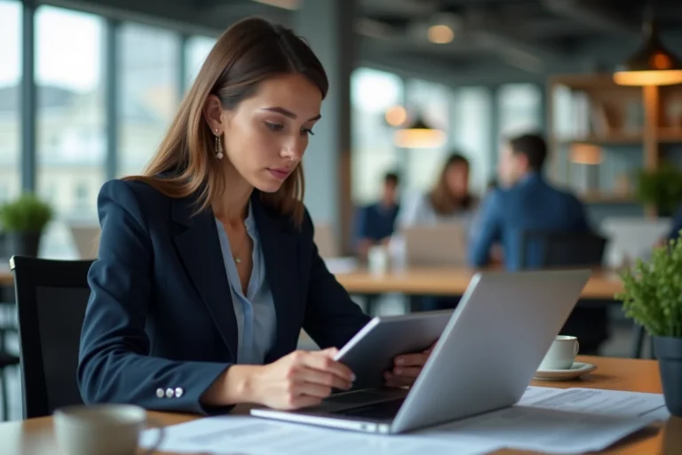 Journaliste femme travaillant dans une rédaction moderne entourée de documents d'actualité et d'un ordinateur portable