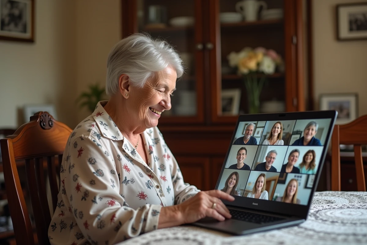 Une femme âgée sourit lors d'un appel vidéo en famille sur son ordinateur portable, illustrant le maintien du lien social malgré la distance.