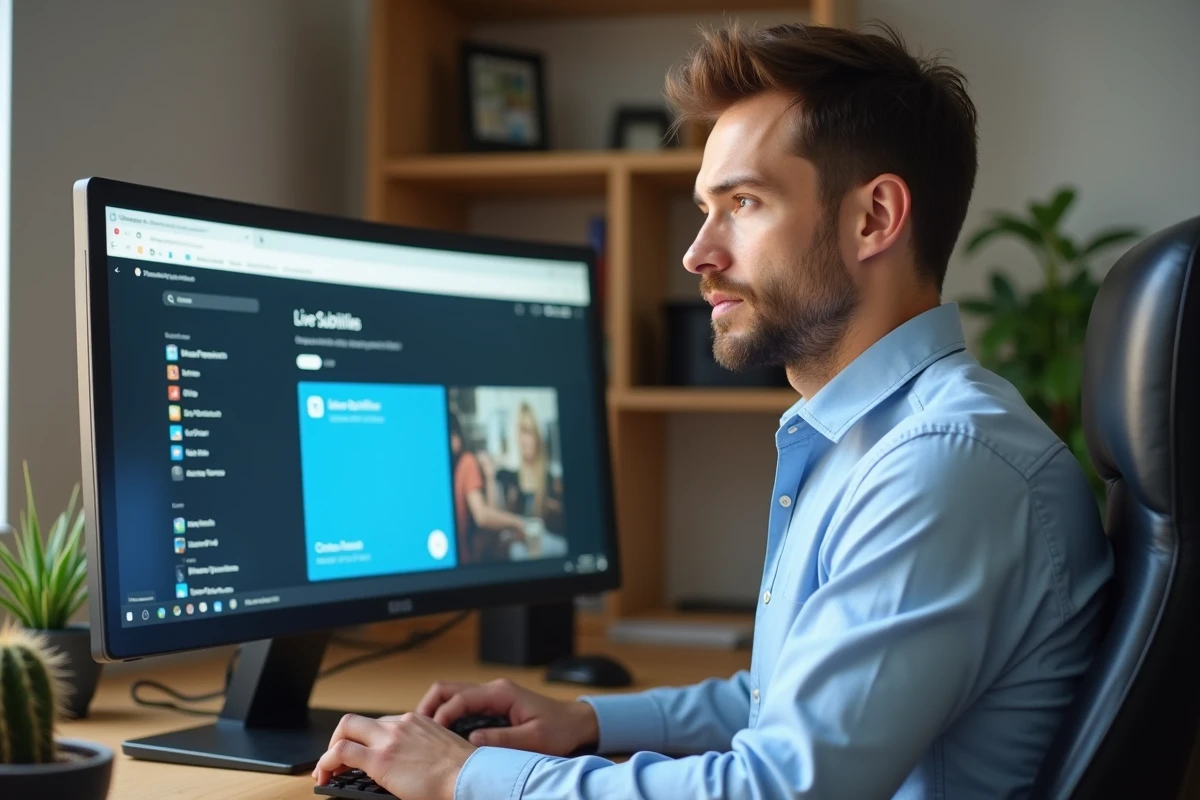 Homme découvrant l'application Live Subtitles disponible sur le Microsoft Store pour générer des sous-titres en temps réel