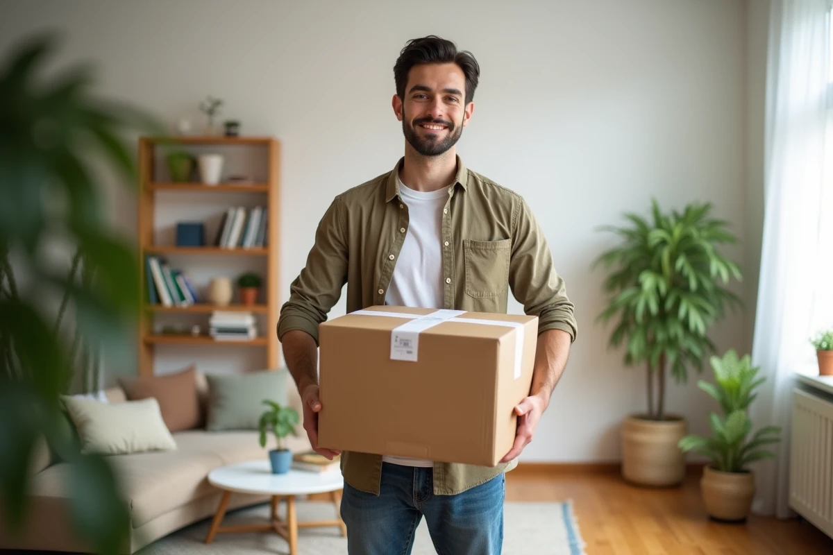Jeune homme souriant avec un colis de livraison dans un salon lumineux
