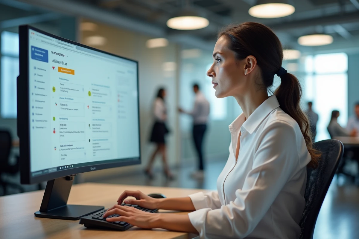 Professionnelle utilisant le tableau de bord Maestra AI pour transcrire et traduire un fichier audio en plusieurs langues