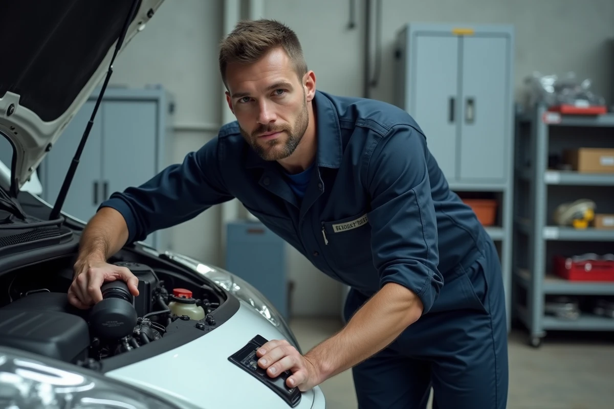 Mécanicien diagnostiquant une Peugeot 207 blanche avec un outil de diagnostic OBD dans un garage automobile