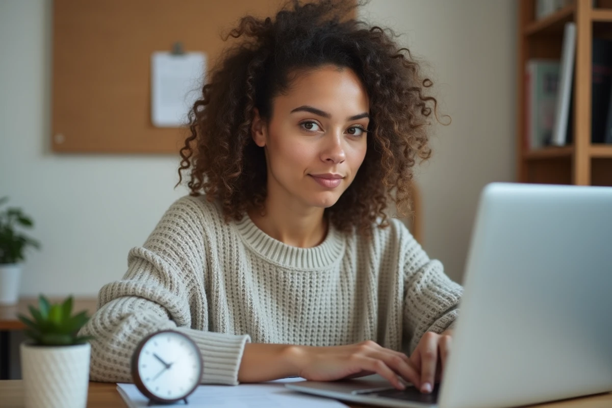 Une femme travaillant avec un minuteur de cuisine posé sur son bureau, adaptant la méthode Pomodoro à son propre rythme