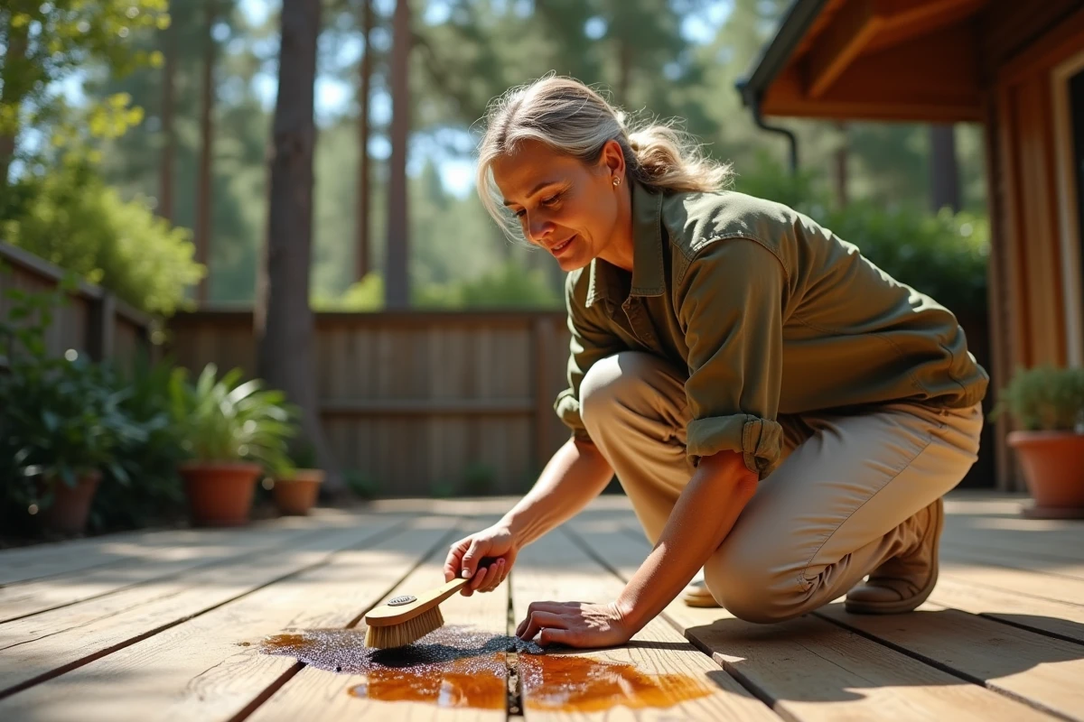 Femme nettoyant une tache de résine de pin sur une terrasse en bois avec une brosse et un solvant naturel