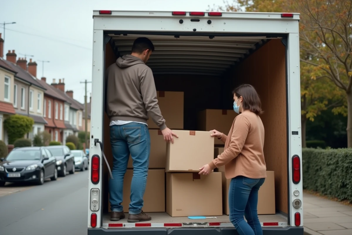 Deux personnes organisant des cartons étiquetés dans un camion de déménagement lors d'un déménagement express