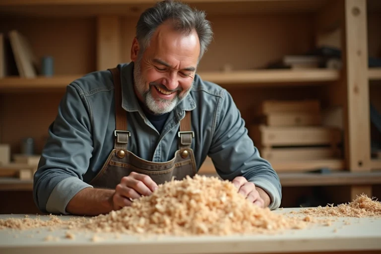 Ouvrier en overalls examine des copeaux de bois frais