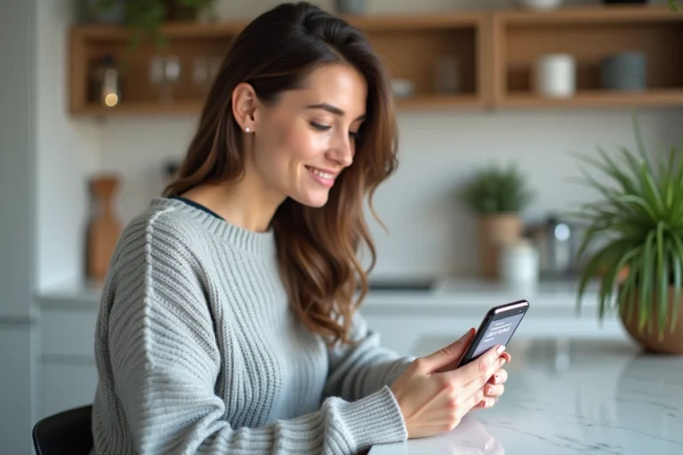 Femme consultant les options de paiement en plusieurs fois sur son smartphone dans une cuisine moderne