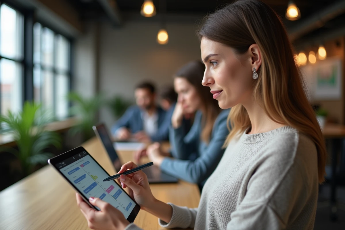 Une femme consultant un planificateur IA sur une tablette pour anticiper les interruptions dans son agenda quotidien