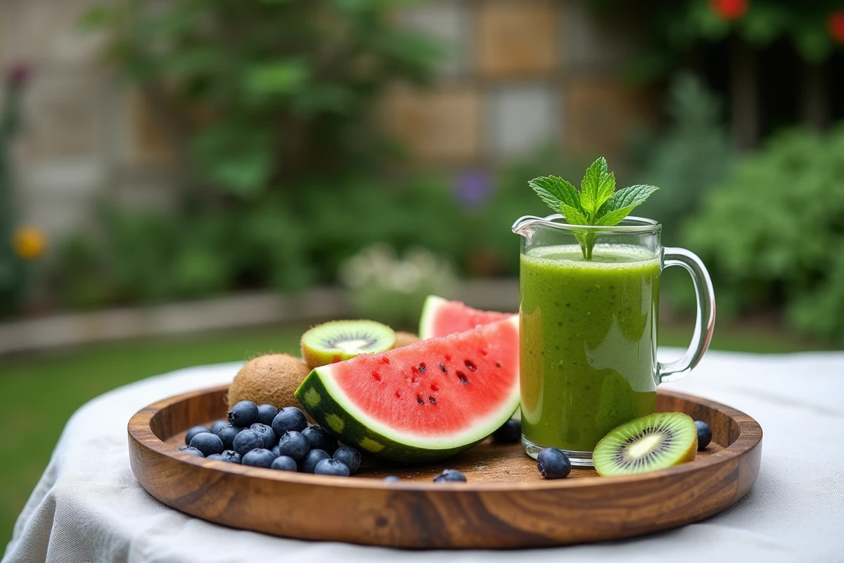 Plateau de fruits detox en plein air avec kiwi, myrtilles, pastèque et smoothie vert à la menthe sur une terrasse de jardin