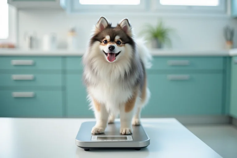 Pomsky adulte pesé sur une balance vétérinaire en clinique, illustrant le suivi du poids du chien