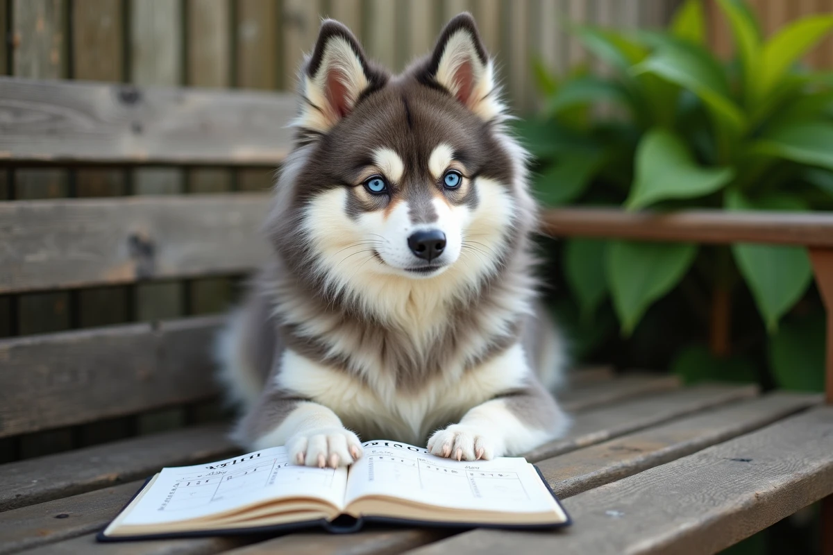 Pomsky adulte assis dans un jardin à côté d'un carnet de suivi de poids, vue rapprochée réaliste