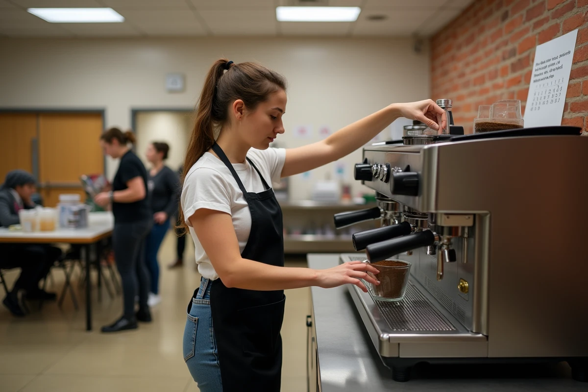 Jeune femme mesurant du cafe pour machine dans centre communautaire