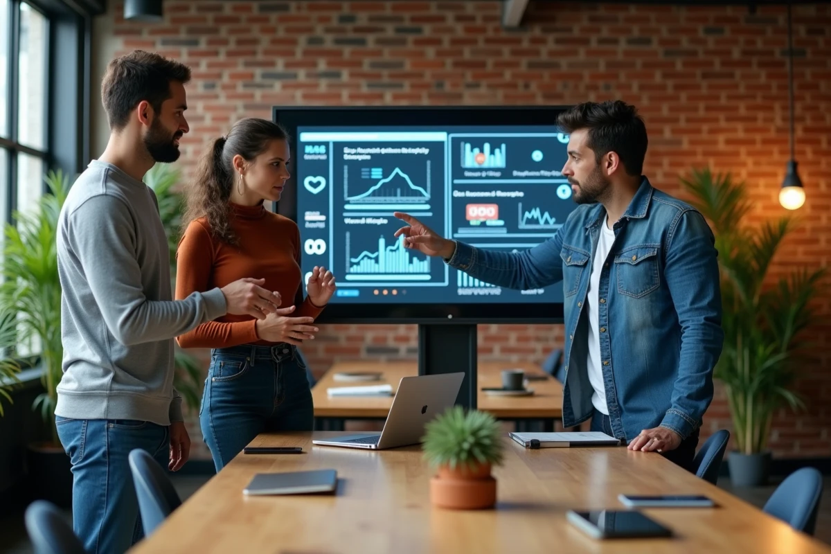 Groupe de professionnels analysant les tendances de l'actualité sur un écran interactif dans un espace de coworking moderne