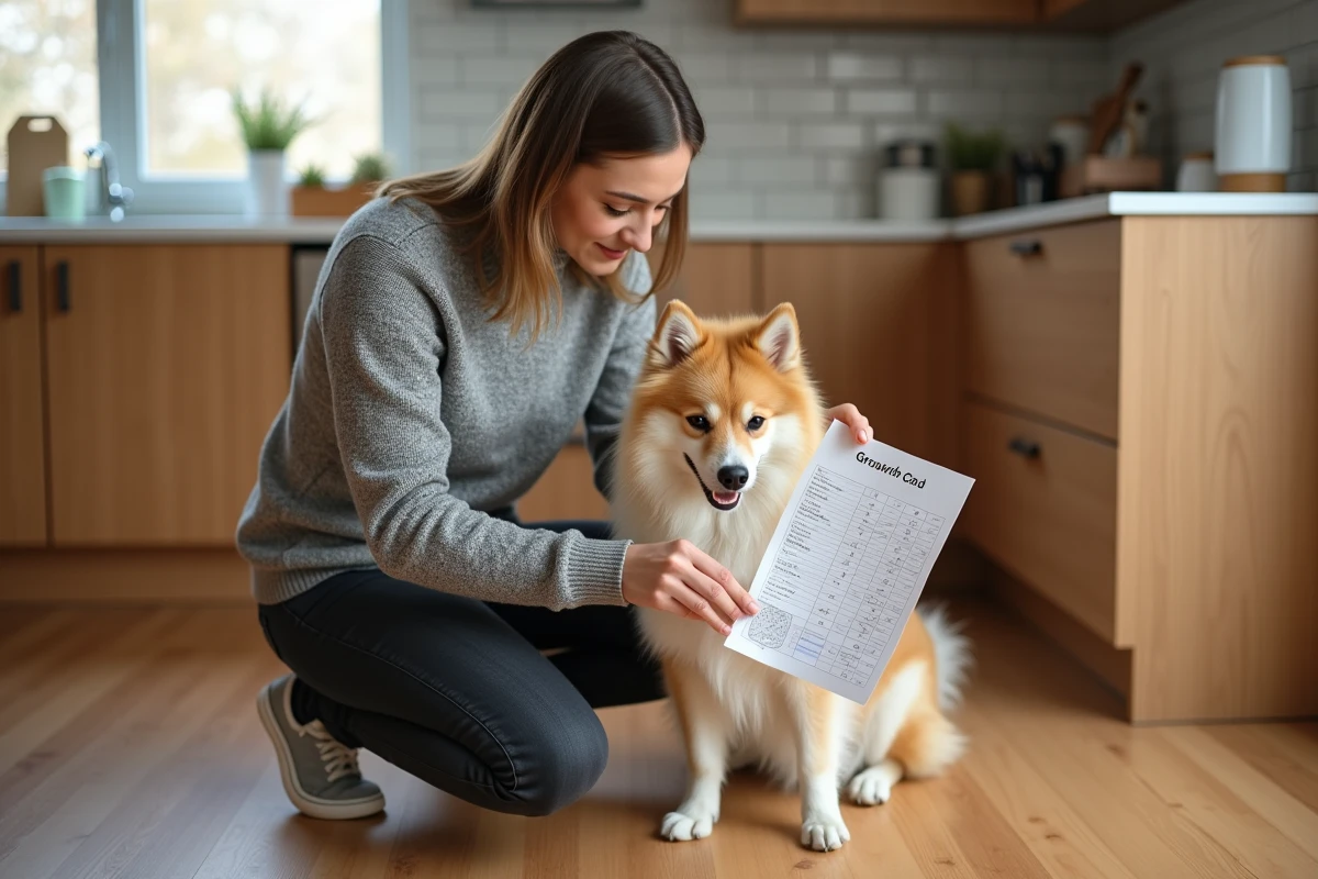 Propriétaire consultant une courbe de croissance à côté de son Pomsky adulte dans une cuisine moderne