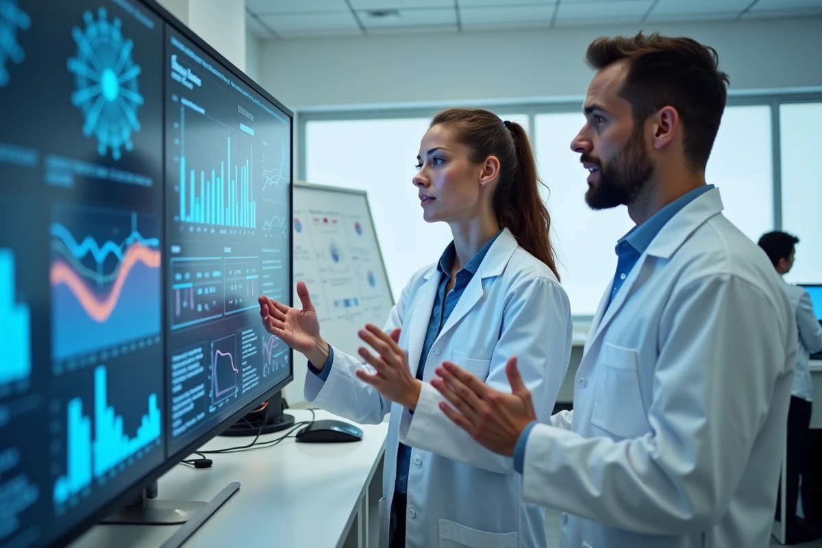 Deux chercheurs en blouse blanche analysent des données scientifiques partagées sur un grand écran dans un laboratoire moderne.