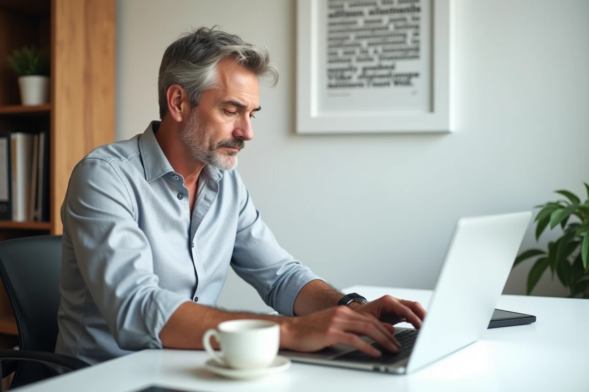 Un homme d'affaires concentré rédige un plan de communication sur son ordinateur portable dans un bureau minimaliste et organisé