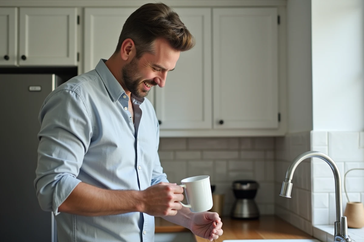 Un homme en train d'accomplir immédiatement une petite tâche dans sa cuisine, illustrant la règle des deux minutes pour vider l'arriéré