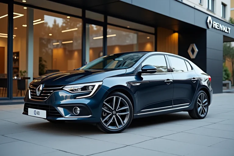 Renault 12 Sedan 2026 bleu métallique garée devant un concessionnaire Renault moderne en milieu urbain
