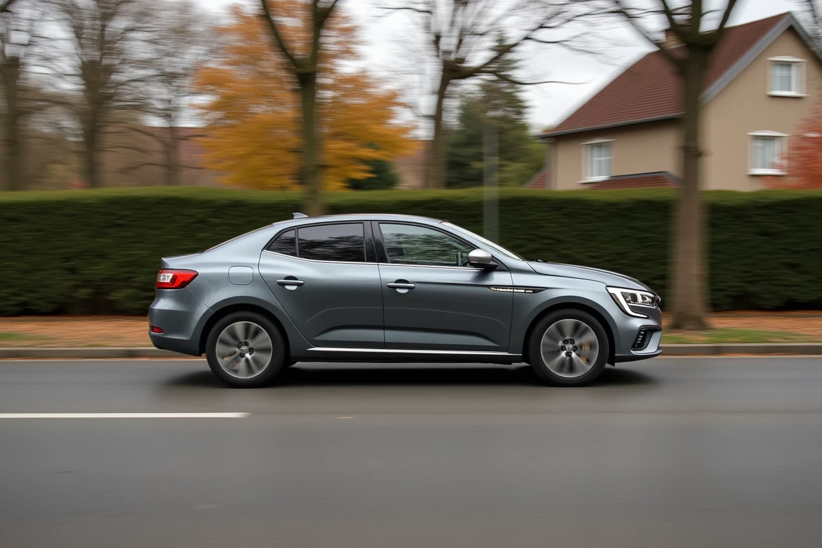 Renault 12 Sedan 2026 gris graphite en mouvement sur un boulevard urbain européen bordé d'arbres