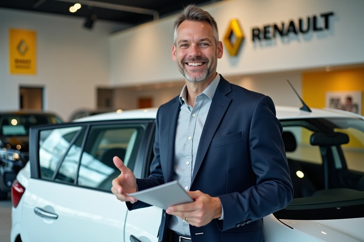 Conseiller commercial Renault présentant la Renault 12 Sedan 2026 blanche dans une salle d'exposition moderne