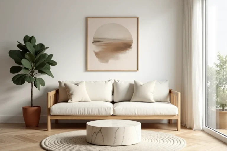 Salon minimaliste scandinave avec canapé en bouclé crème, table basse en travertin et parquet en chêne, décoration tendance 2024