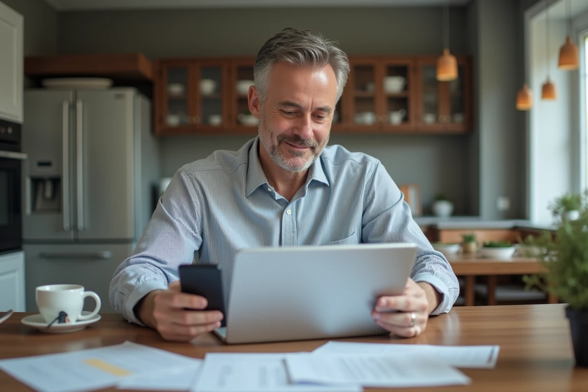Un homme effectue des démarches administratives dématérialisées en ligne depuis sa cuisine avec un ordinateur portable et des documents papier.