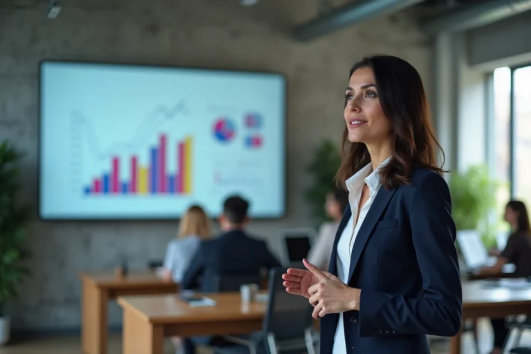 Une femme professionnelle présente une stratégie de communication d'entreprise sur un écran mural dans un bureau moderne en open space