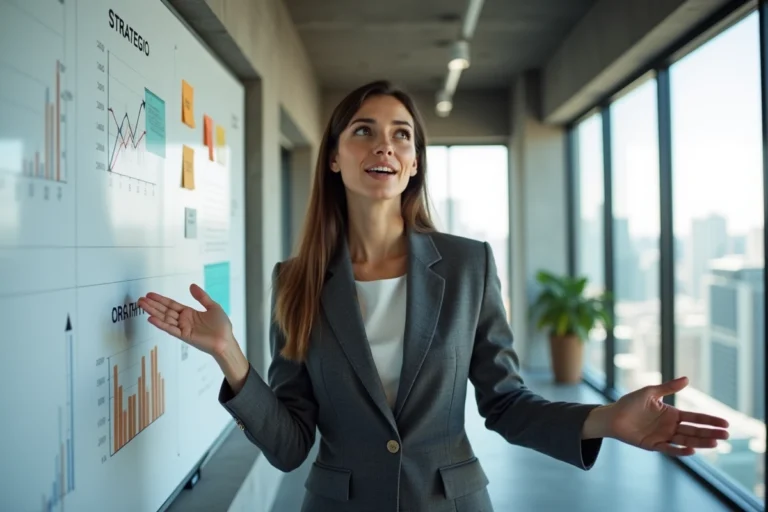 Femme d'affaires présentant une stratégie de transformation d'entreprise devant un tableau blanc dans un bureau moderne