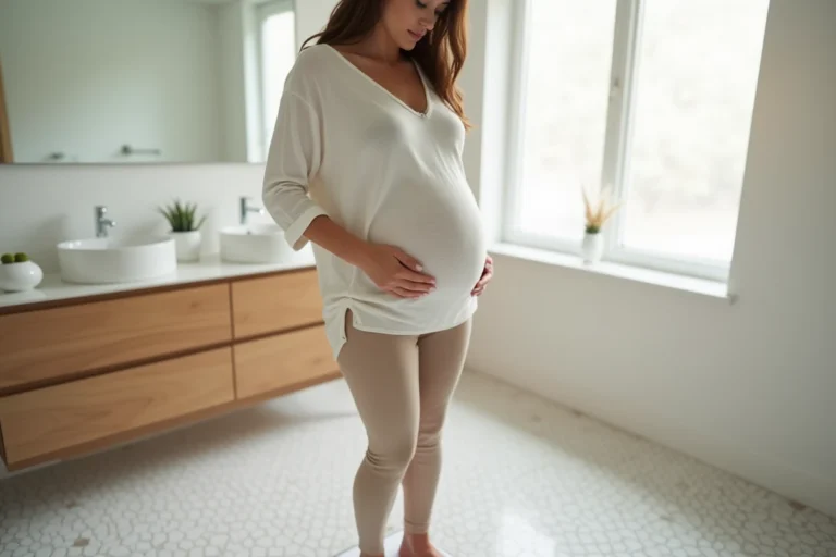 Femme enceinte debout sur un pèse-personne dans une salle de bain moderne, main posée sur le ventre, suivant sa courbe de poids pendant la grossesse
