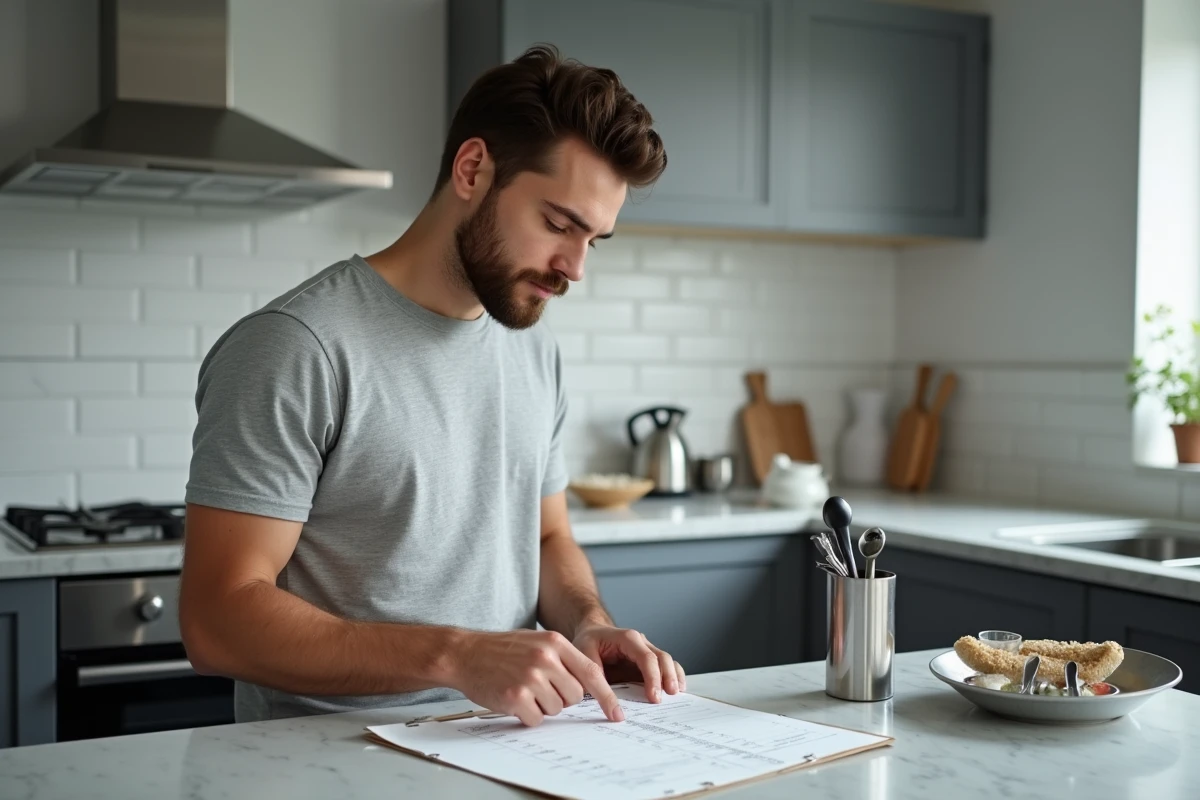 Homme consultant un tableau de conversion grammes en litres à côté d'ustensiles de mesure dans une cuisine moderne