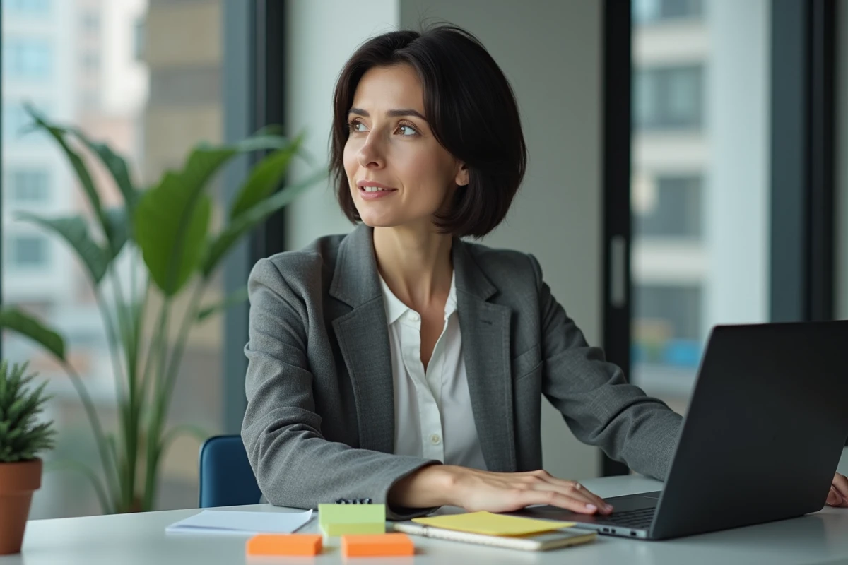Une femme en blazer participe à une réunion en visioconférence depuis son bureau à domicile, illustrant le télétravail moderne.