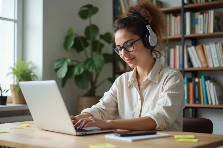 Femme avec casque audio traduisant du contenu audio en ligne sur son ordinateur portable dans un bureau à domicile