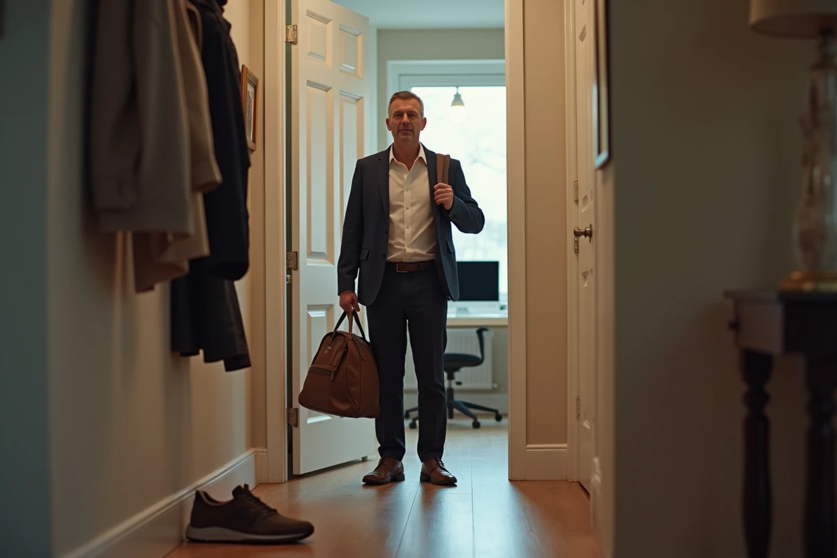 Un homme hésitant dans l'embrasure d'une porte entre son couloir et son bureau, illustrant les transitions domicile-bureau comme sources de perte de temps
