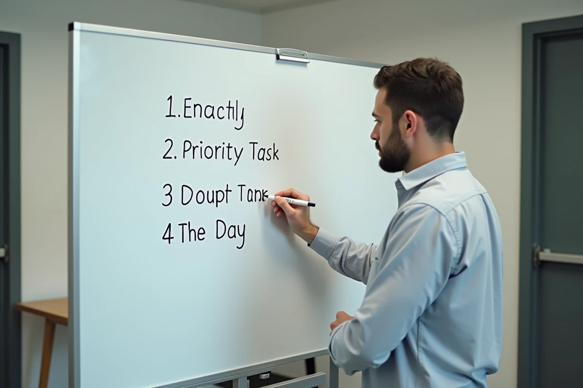 Un homme écrivant trois priorités quotidiennes sur un tableau blanc dans son bureau, illustrant la méthode des objectifs limités