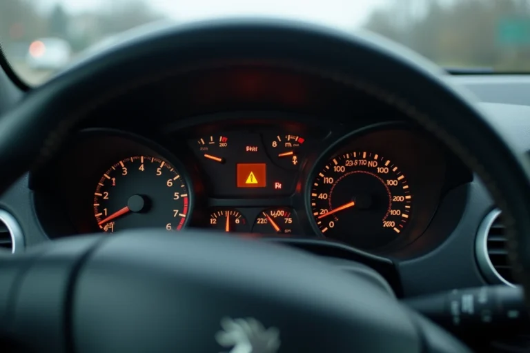 Tableau de bord d'une Peugeot 207 avec voyant triangle orange allumé visible sur le combiné d'instruments